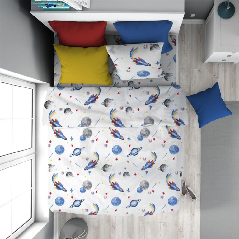Παπλωματοθήκη Εμπριμέ kids Space Mission 184 160X240 White-Blue 100% Cotton