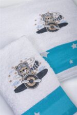 Πετσέτα Με Κέντημα Σετ 2 τεμ bebe Aviator 184 30X50,70X140 White-Sky Blue 100% Cotton - Image 3