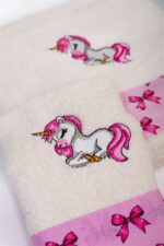 Πετσέτα Με Κέντημα Σετ 2 τεμ bebe Unicorn 189 30X50,70X140 Ecru-Pink 100% Cotton - Image 3