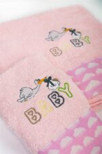 Πετσέτα Με Κέντημα Σετ 2 τεμ bebe Stork 192 30X50,70X140 Pink 100% Cotton - Image 3