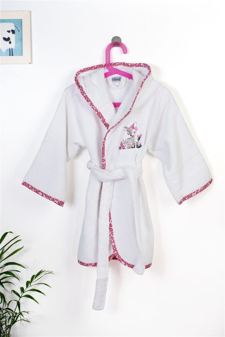 Μπουρνούζι Με Κέντημα kids Deer 197 Size: 02 White-Pink 100% Cotton