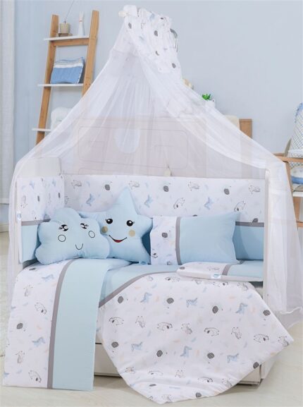 Προίκα Μωρού Εμπριμέ Σετ 9 τεμ bebe Forest 11 White-Sky Blue 100% Cotton