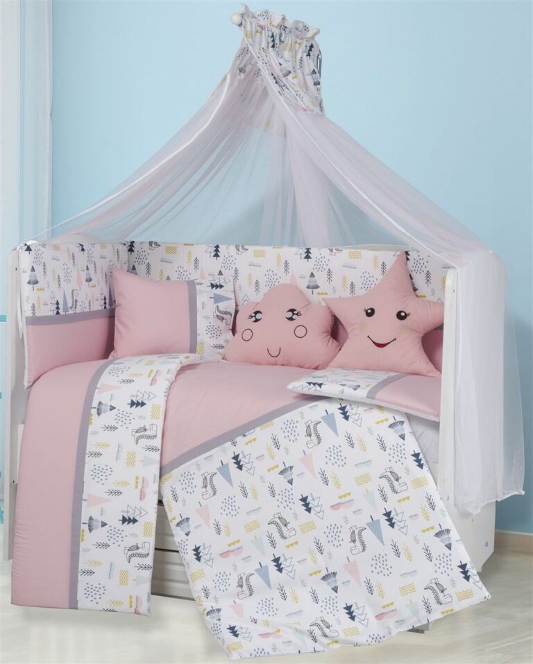 Προίκα Μωρού Εμπριμέ Σετ 9 τεμ bebe Forest 12 White-Pink 100% Cotton