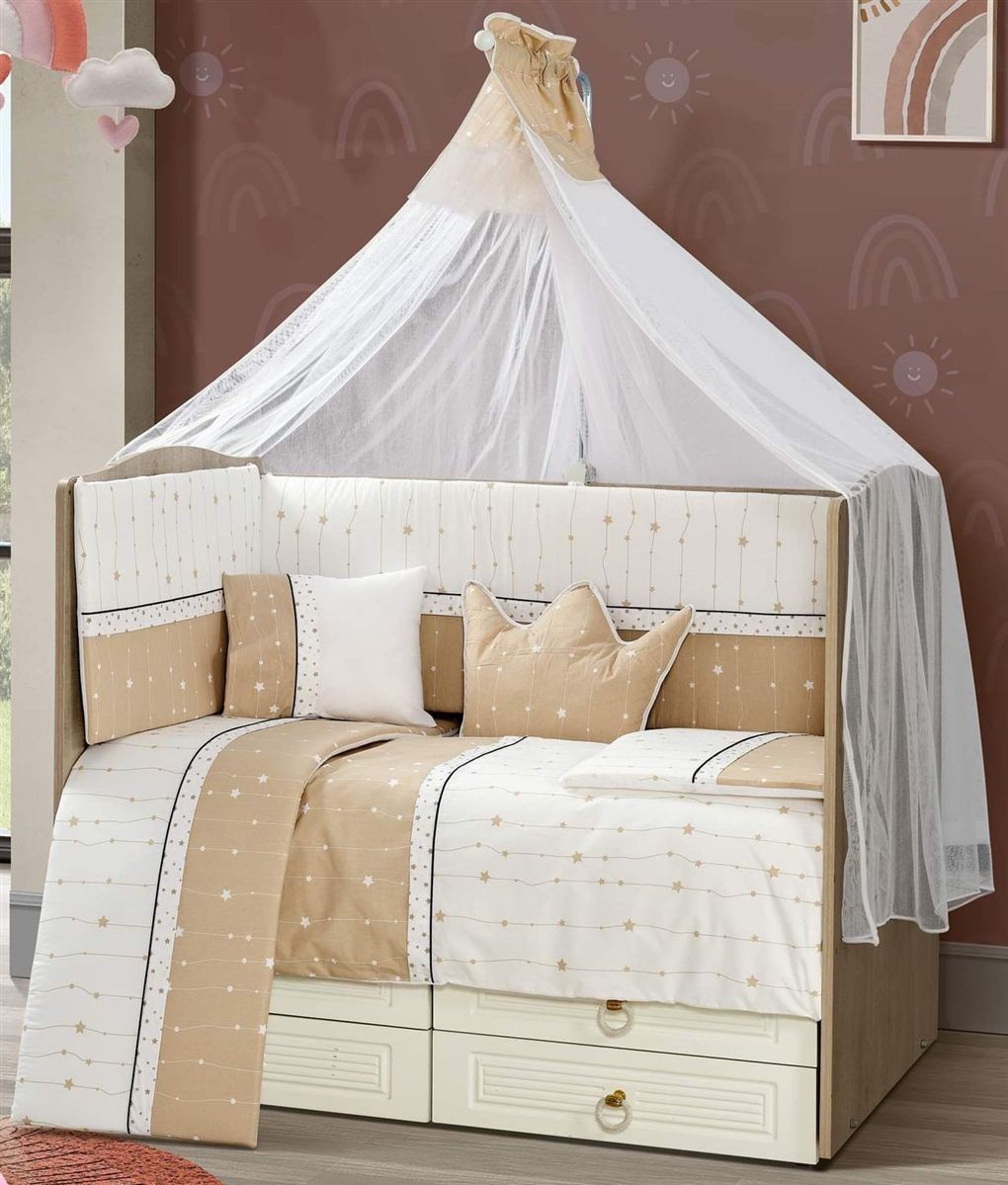 Προίκα Μωρού Εμπριμέ Σετ 9 τεμ bebe Stars 17 White-Beige 100% Cotton Προίκα Μωρού Εμπριμέ Σετ 9 τεμ bebe Stars 17 White-Beige 100% Cotton