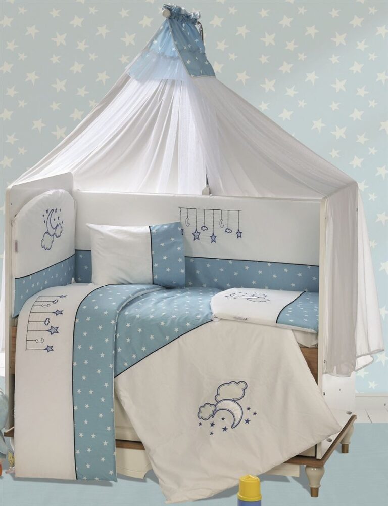 Προίκα Μωρού Με Κέντημα Σετ 9 τεμ bebe Sweet Dreams 10 White-Sky Blue 100% Cotton